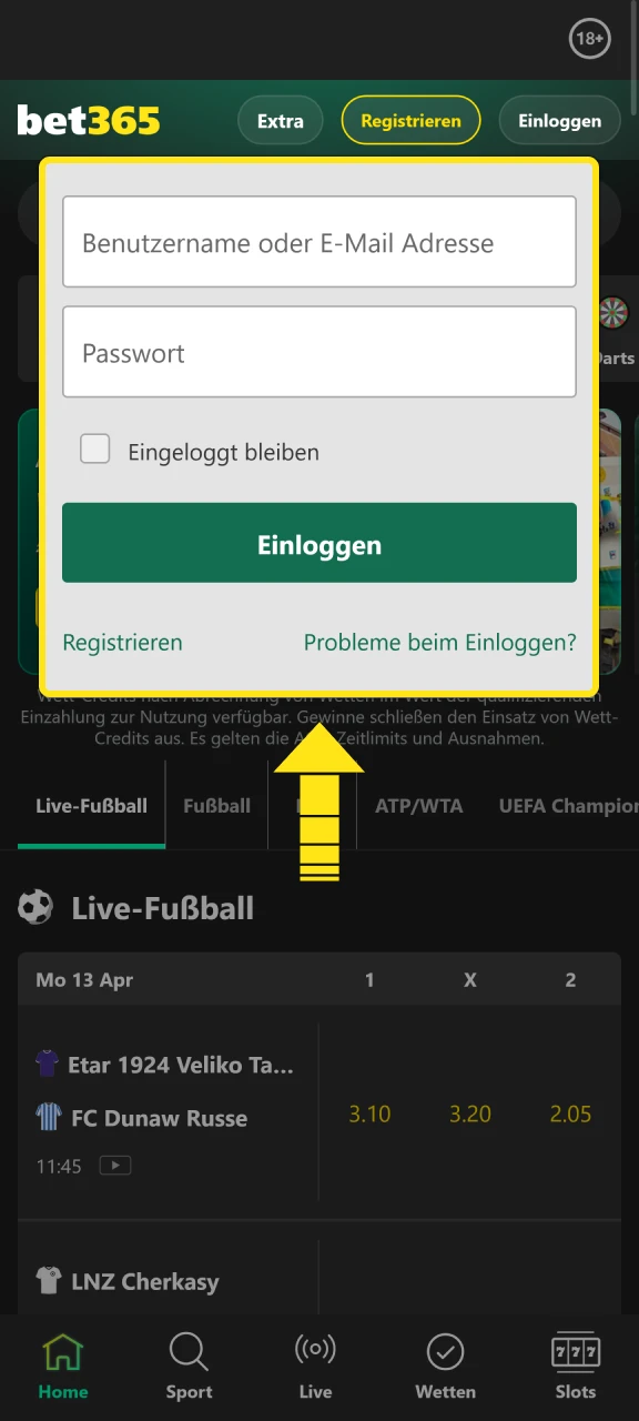 Loggen Sie sich in Ihr Konto bei der Bet365 iOS App ein.