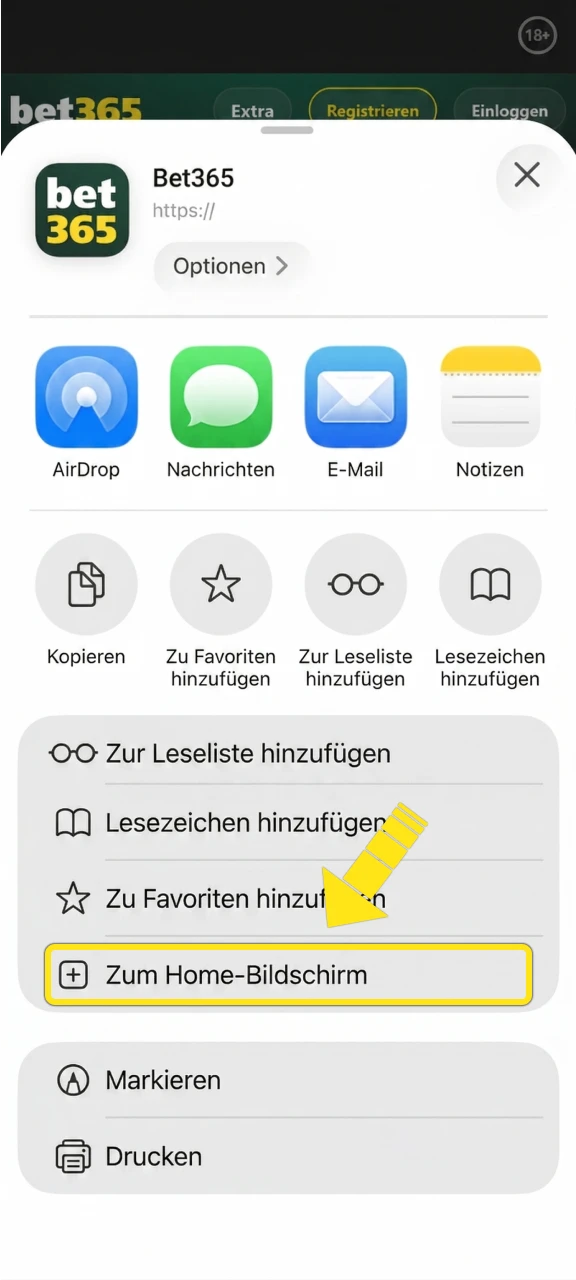 Klicken Sie auf die Schaltfläche zum Bildschirm hinzufügen für die Bet365 iOS App.