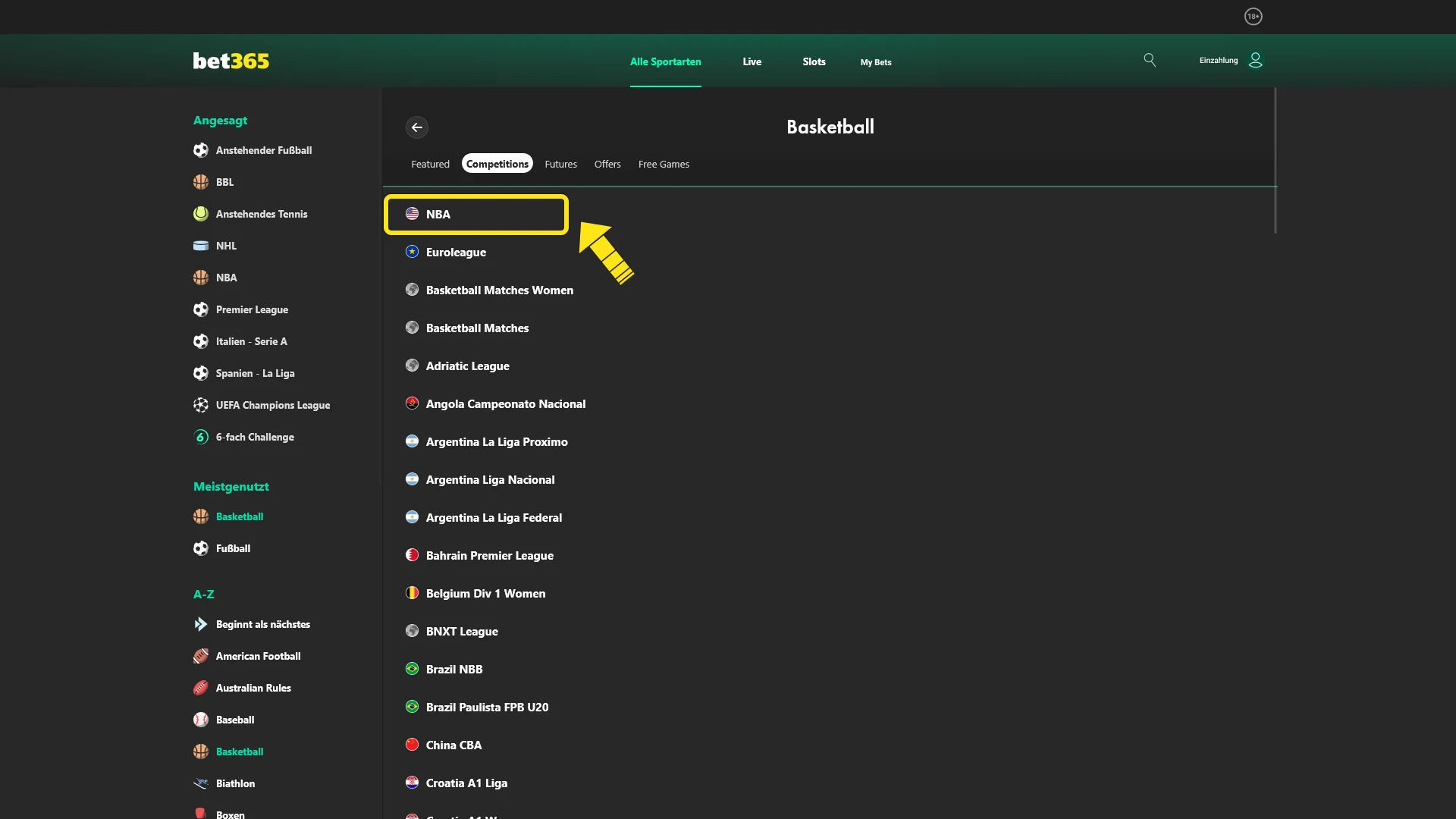 Öffne den Basketball Bereich bei Bet365 und entdecke vielfältige Wettmöglichkeiten.