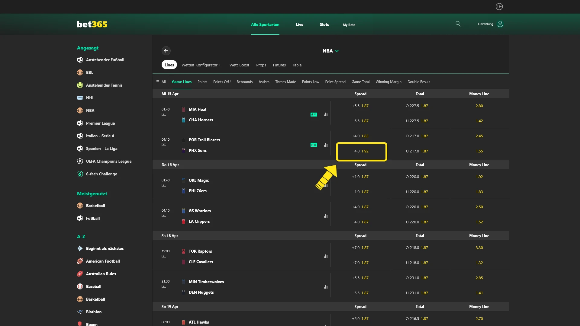 Wähle ein spannendes Spiel und den passenden Basketball Markt bei Bet365.