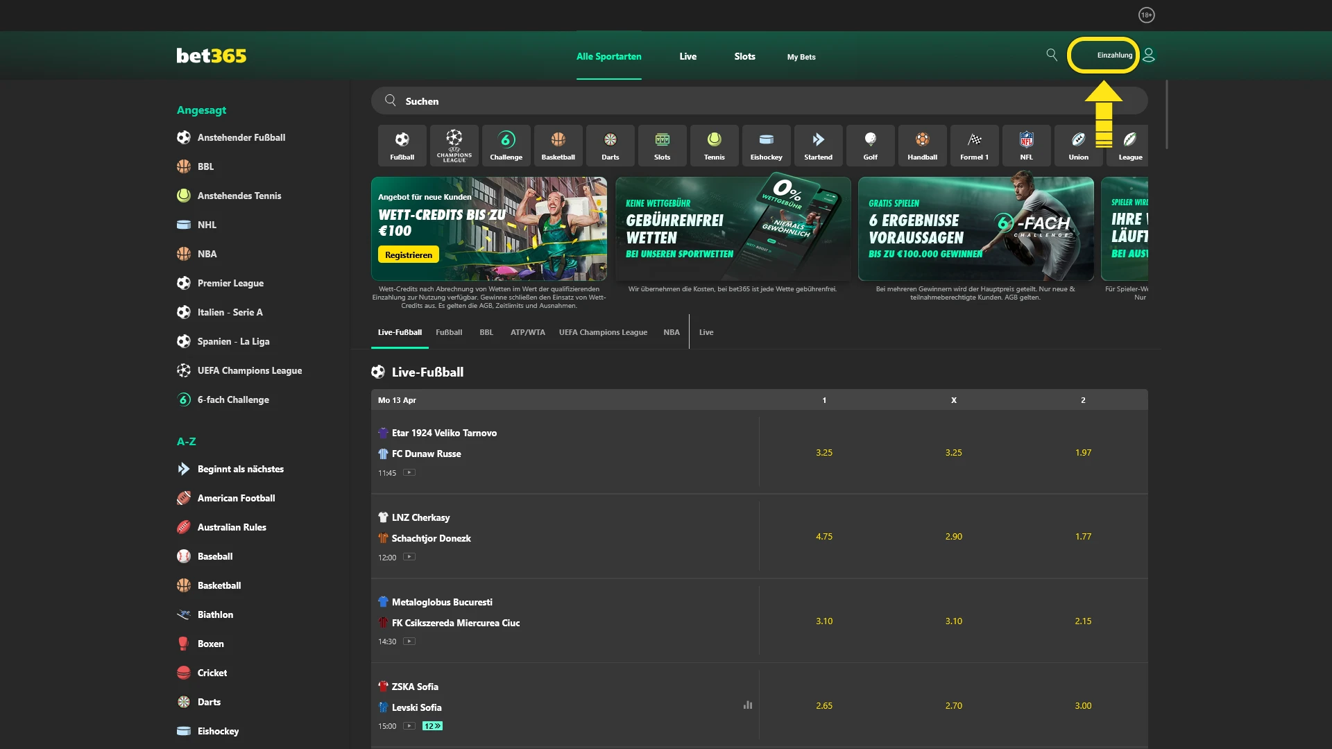 Tätigen Sie eine Einzahlung für den Bet365 Bonus und starten Sie Ihr Wetterlebnis.