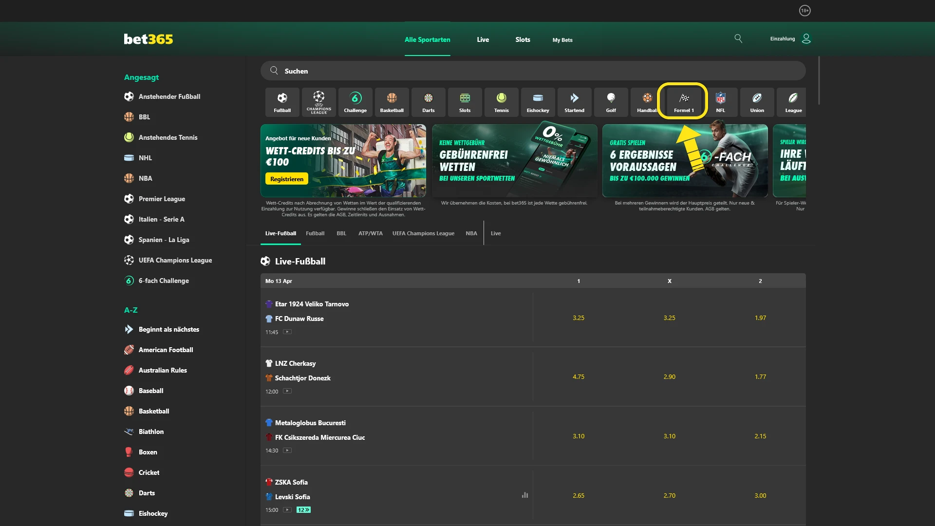 Wähle die Sportart Formel 1 bei Bet365 für deine nächsten F1-Wetten aus.