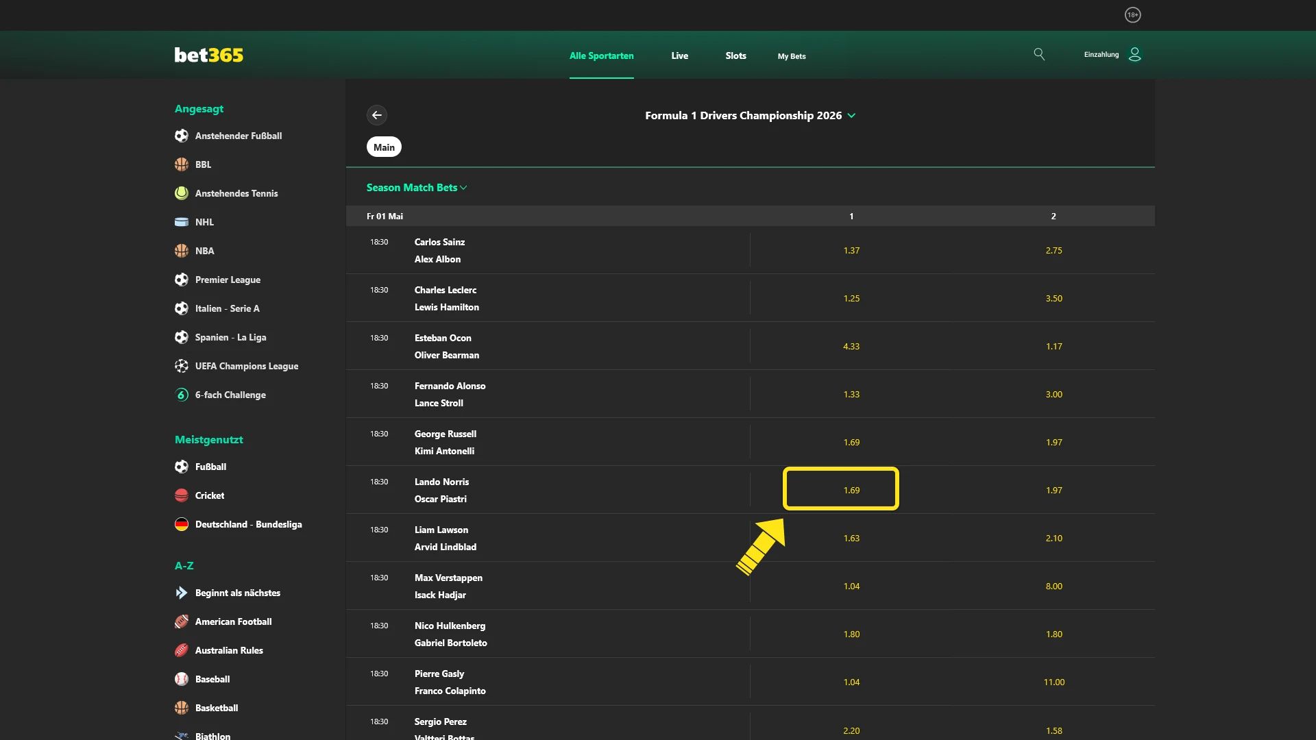 Bestimme die Quote und gib den Einsatz für F1-Wetten bei Bet365 ein.