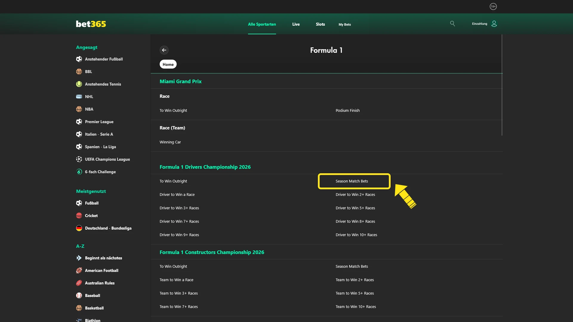 Suche dir ein spannendes Rennen und den Markt für F1-Wetten bei Bet365.