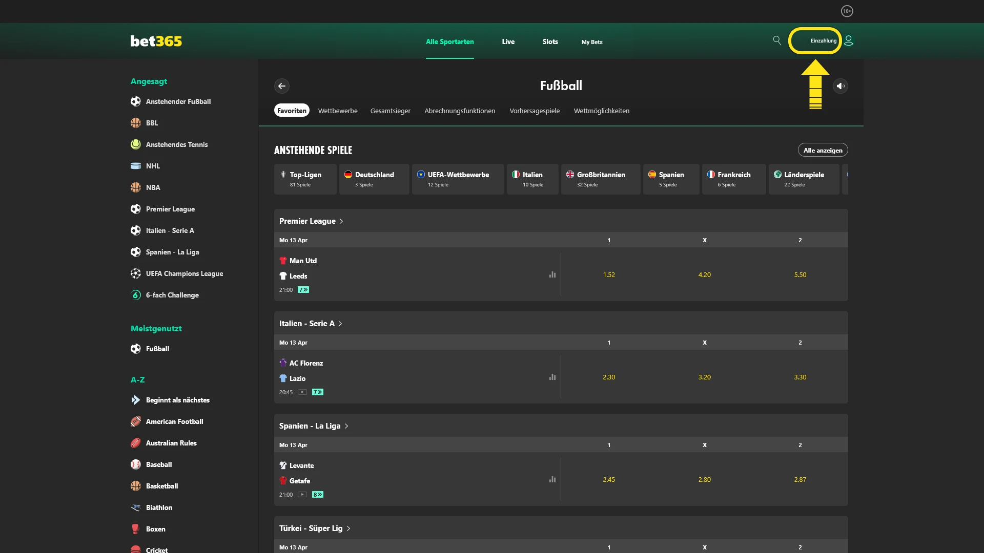 Laden Sie Ihr Guthaben für Bet365 Fußballwetten sicher und schnell auf.