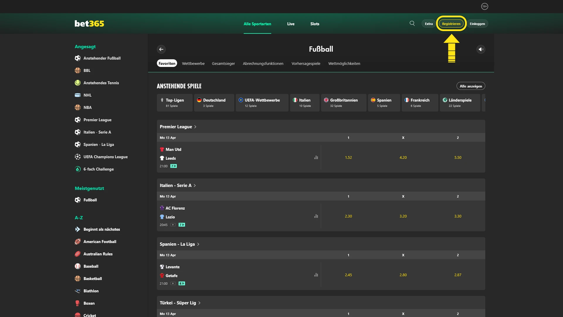 Erstellen Sie ein Konto für den Einstieg in Ihre Bet365 Fußballwetten.