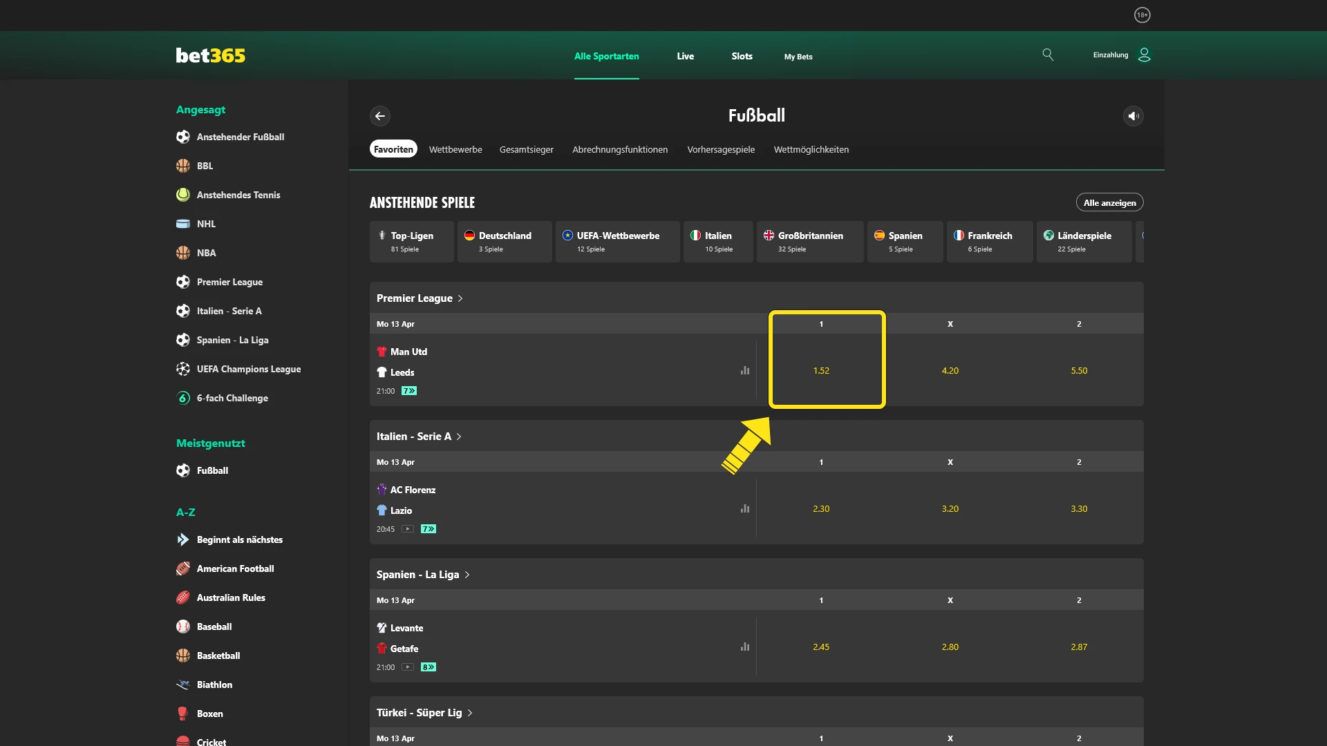 Wählen Sie den passenden Markt für Ihre Bet365 Fußballwetten Strategie.