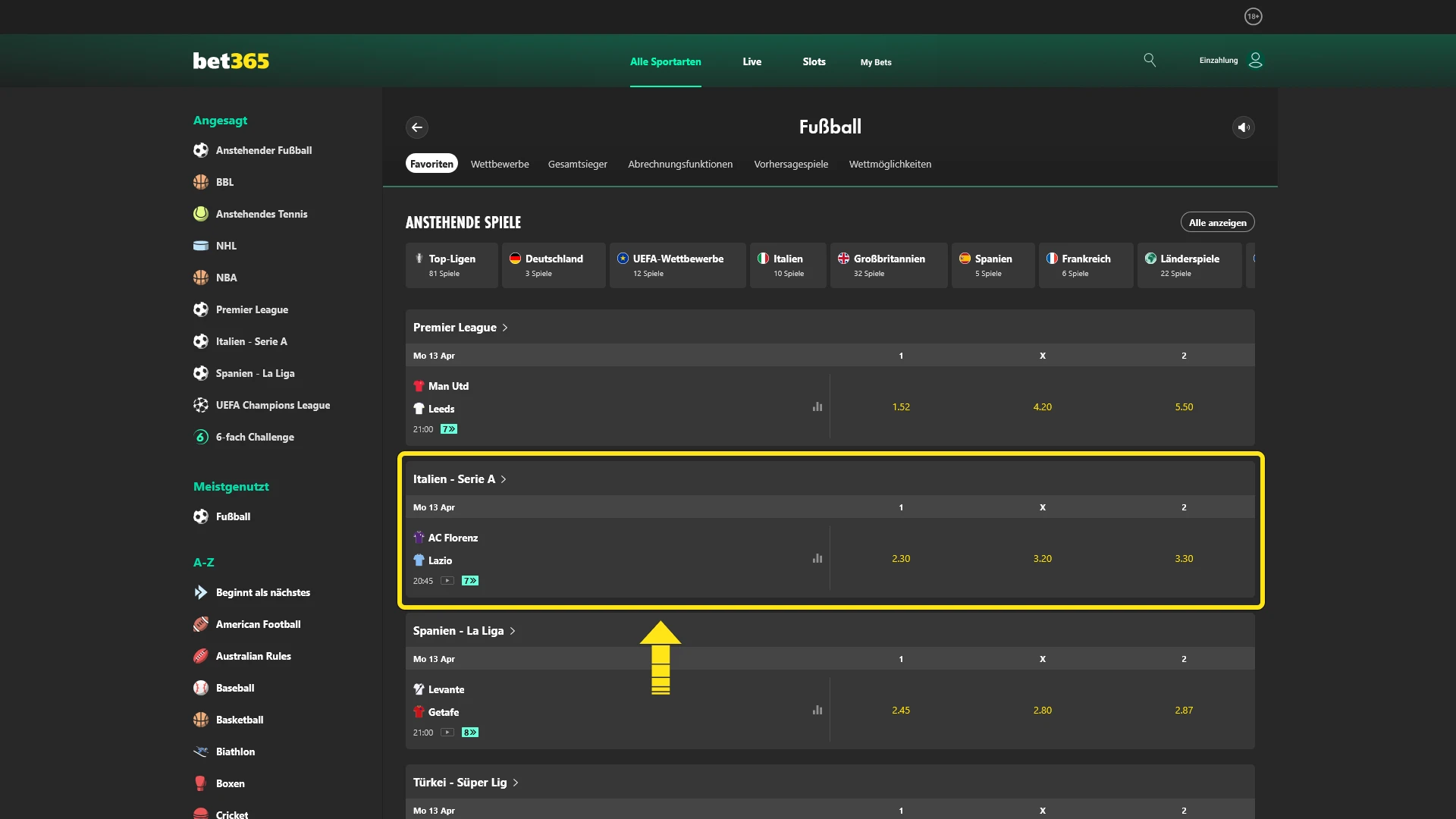 Suchen Sie sich ein spannendes Fußballwetten Spiel bei Bet365 aus.