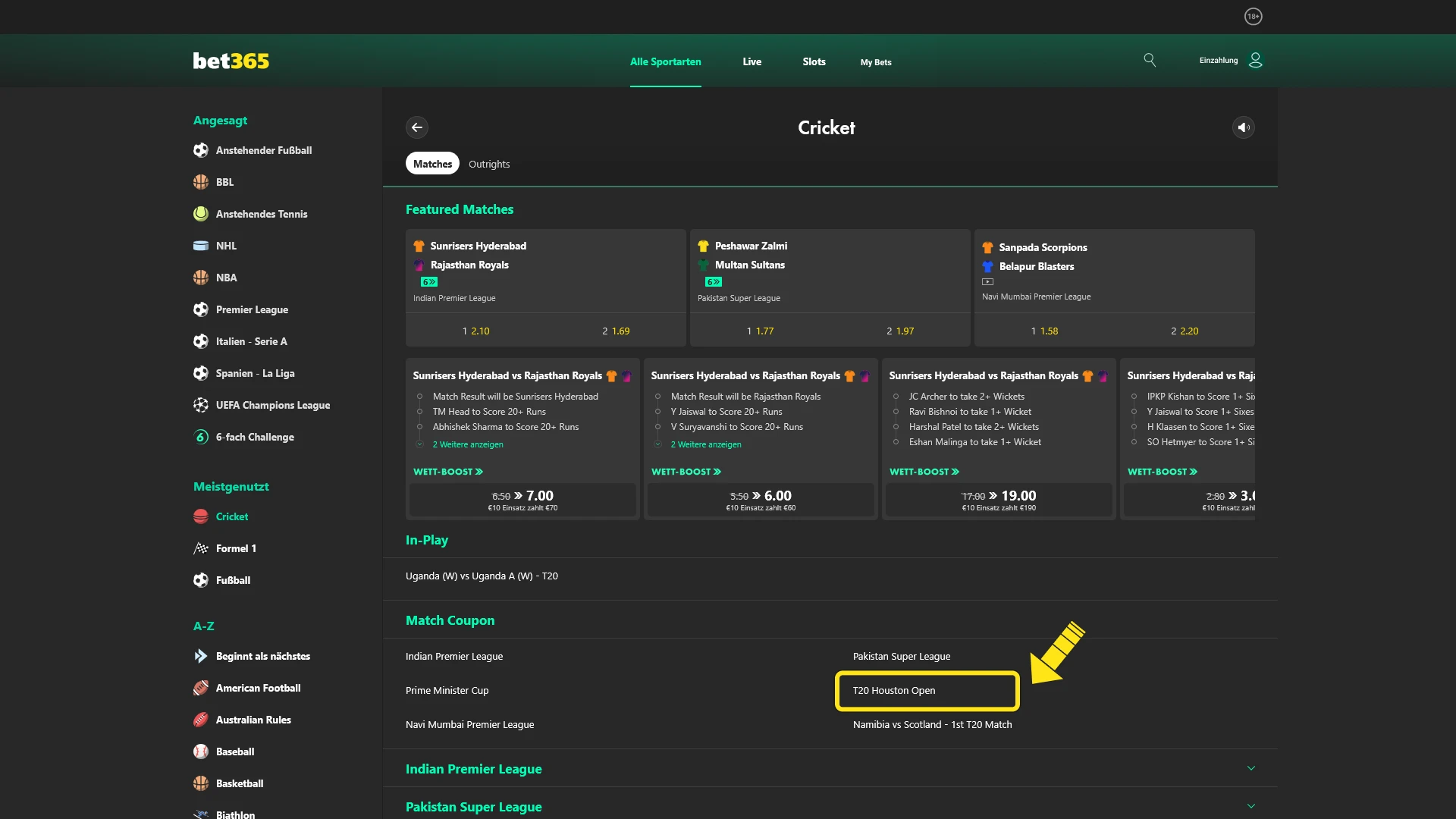 Wählen Sie eine Liga aus während Sie die Registrierung für Cricket-Wetten fortsetzen.
