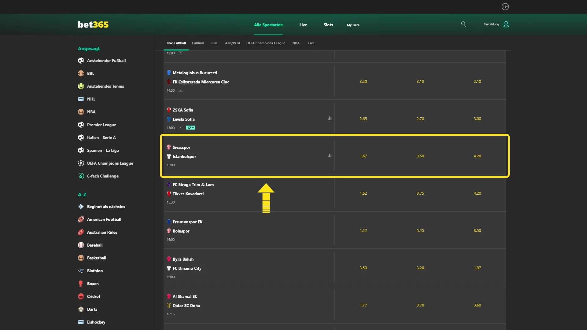 Wählen Sie ein passendes Turnier für Ihre erste Wette bei Bet365 Deutschland aus.