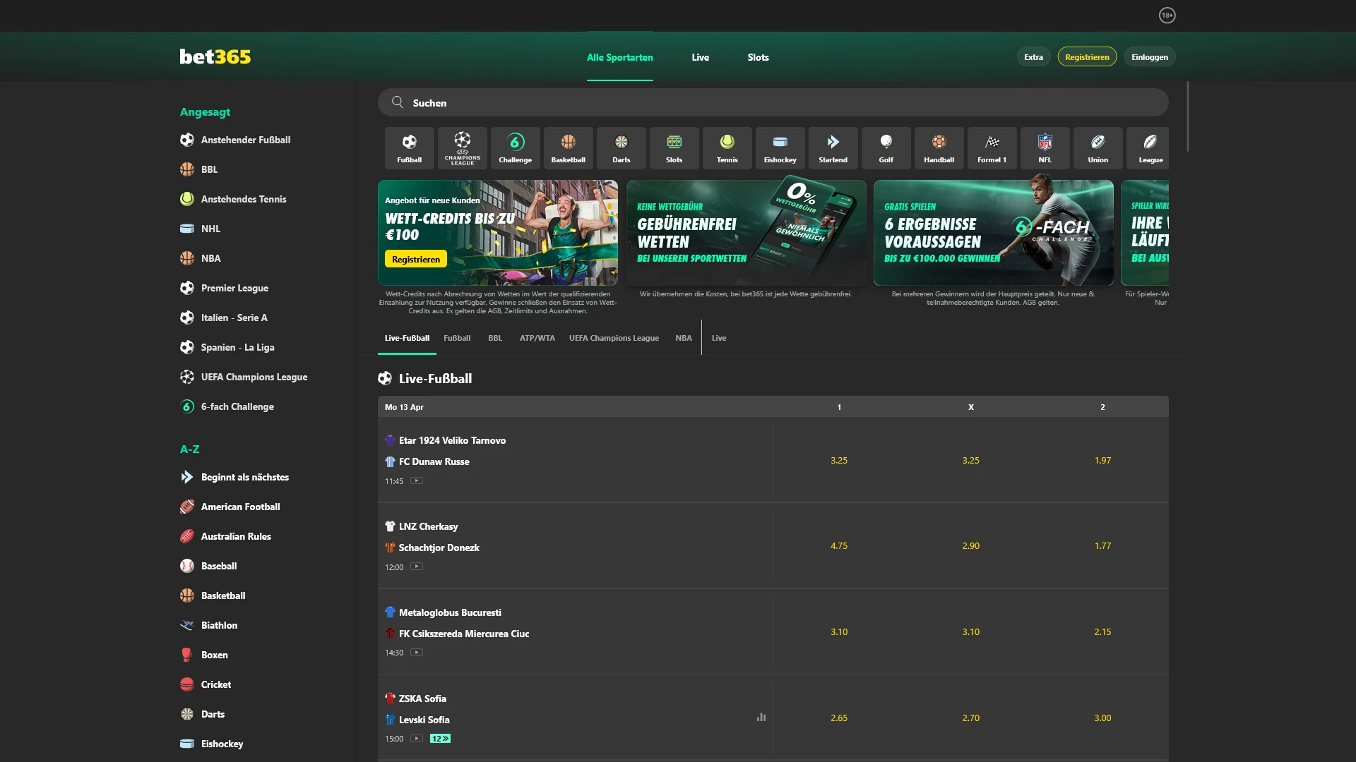 Erlebe das Hauptmenü von Bet365 Deutschland für Sportwetten und Online-Casino.