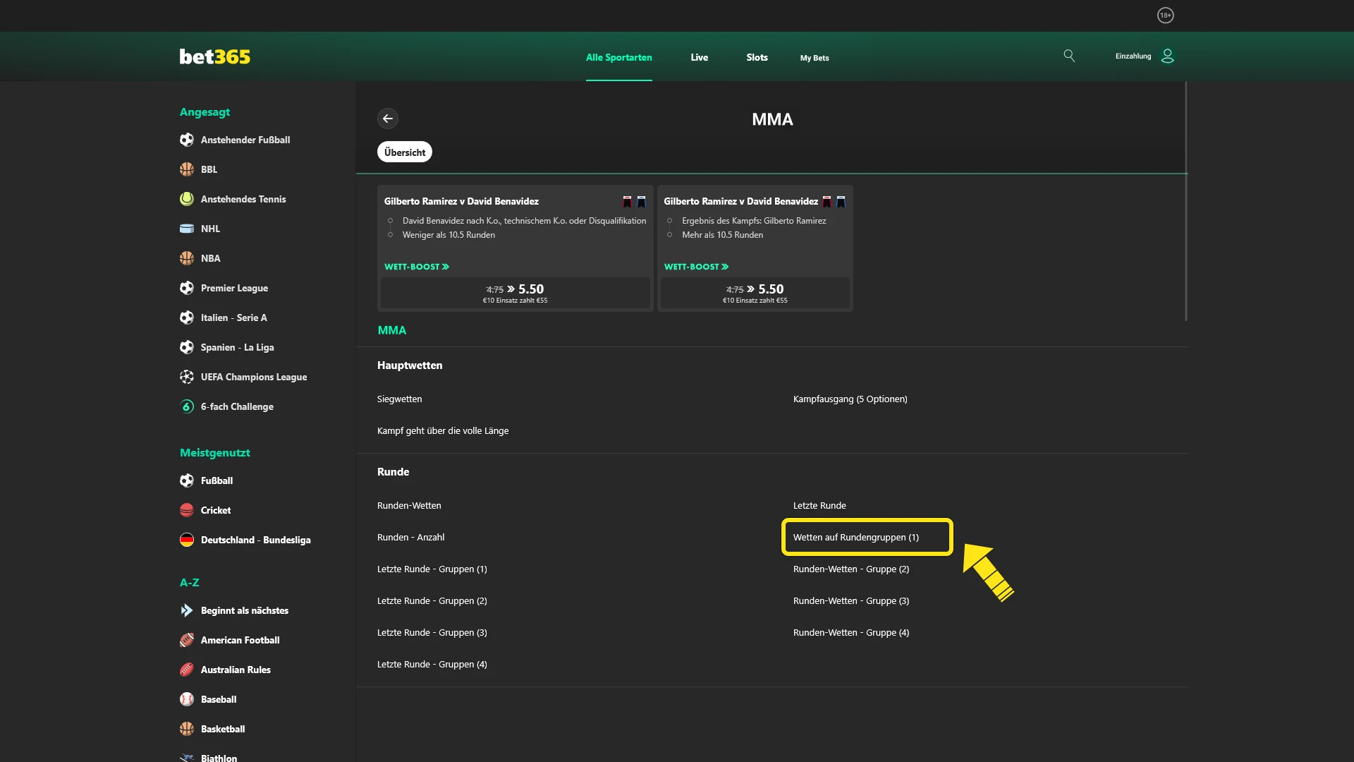 Wählen Sie ein Event für Ihre MMA-Wetten bei Bet365 Official aus.