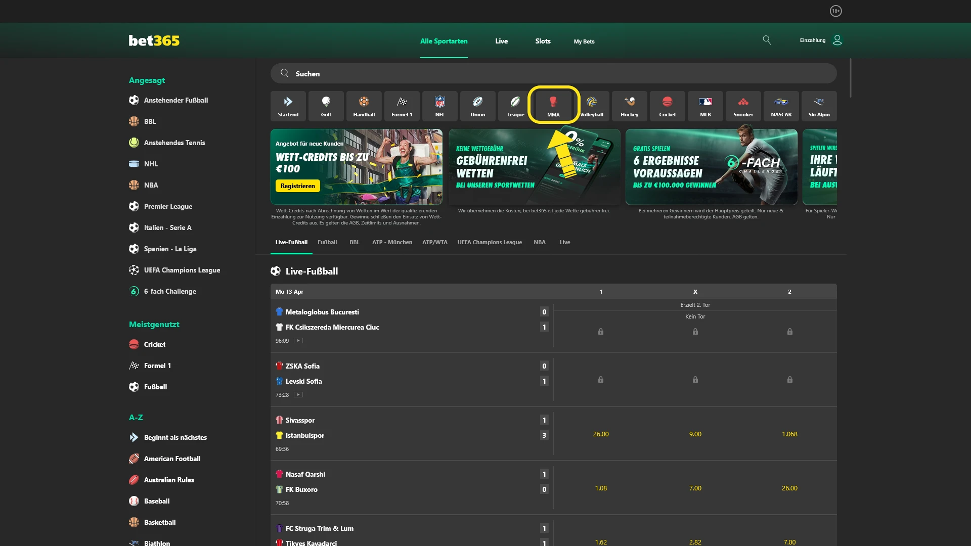 Öffnen Sie den MMA-Wetten Bereich bei Bet365 für aktuelle Kämpfe.