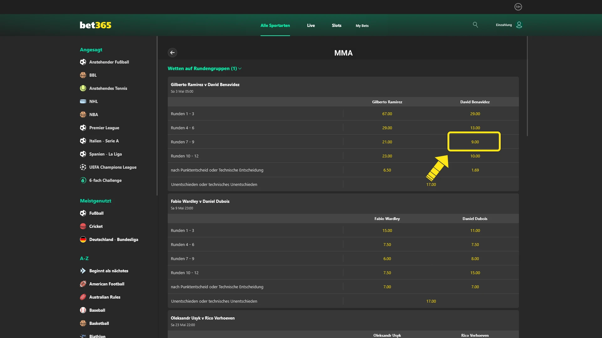Bestätigen Sie den Wettschein für MMA-Wetten bei Bet365 und gewinnen Sie.