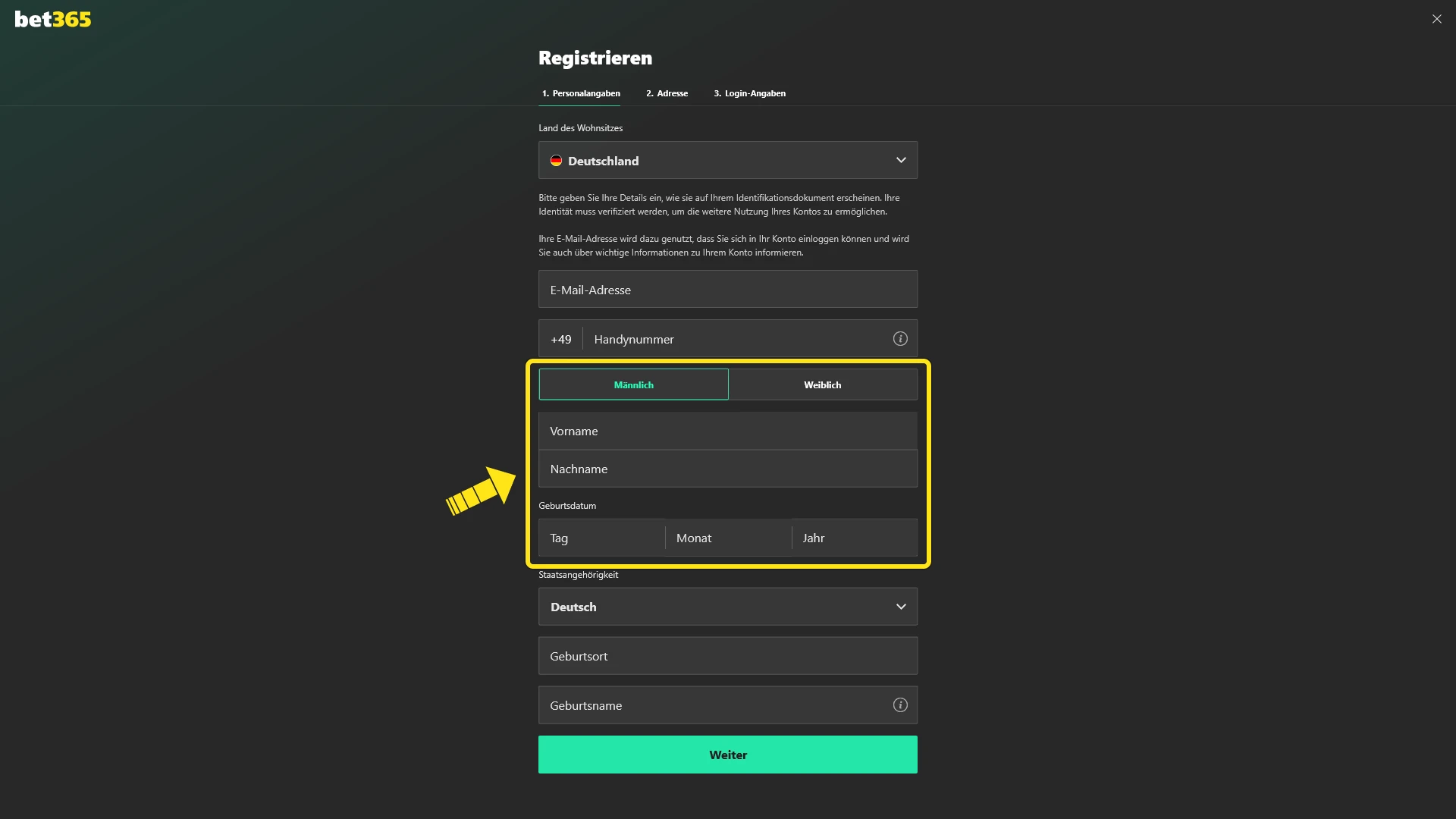 Trage deine privaten Angaben für eine korrekte Bet365 Registrierung ein.