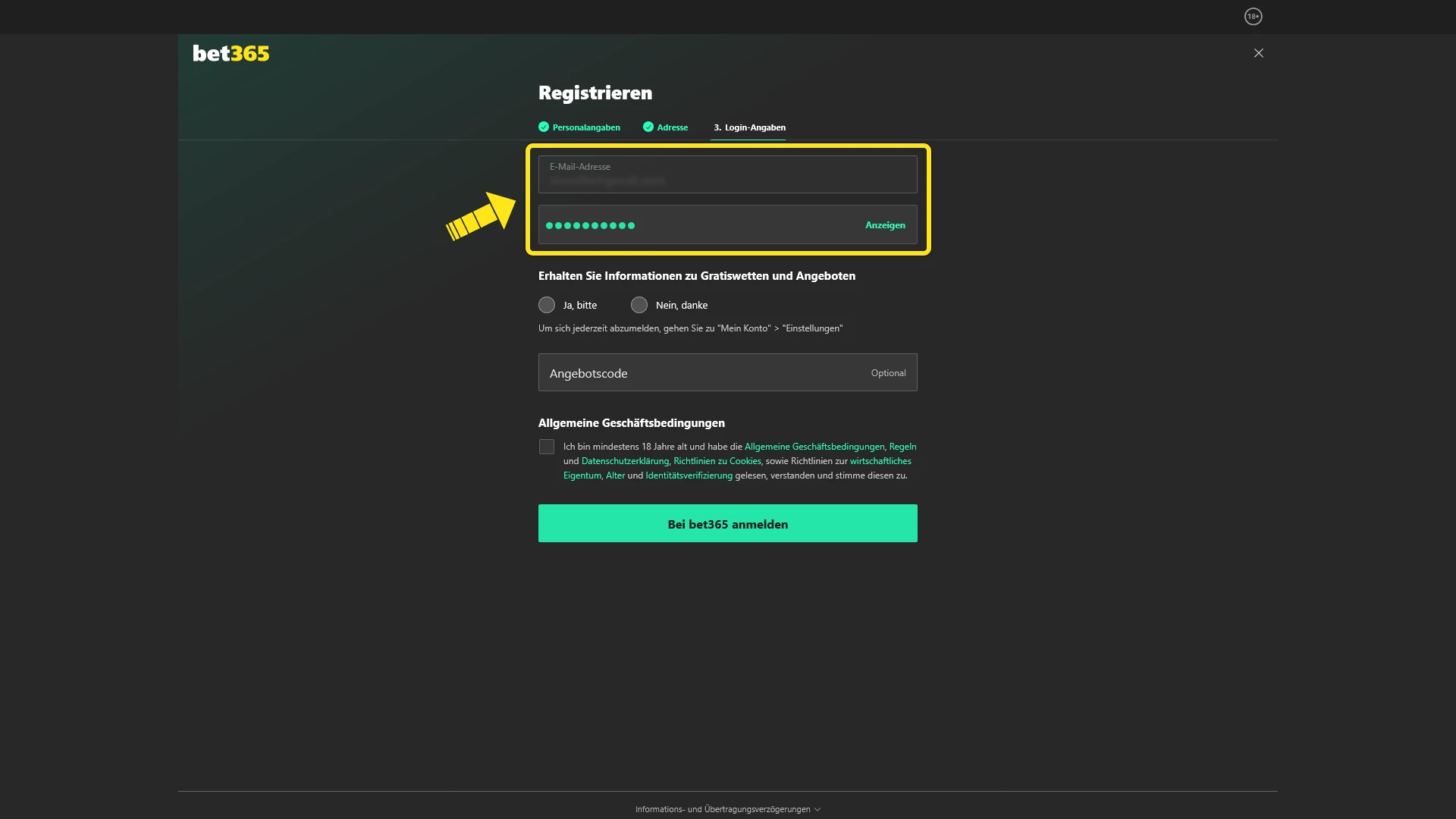 Erstelle ein sicheres Passwort für deine Bet365 Registrierung im Formular.