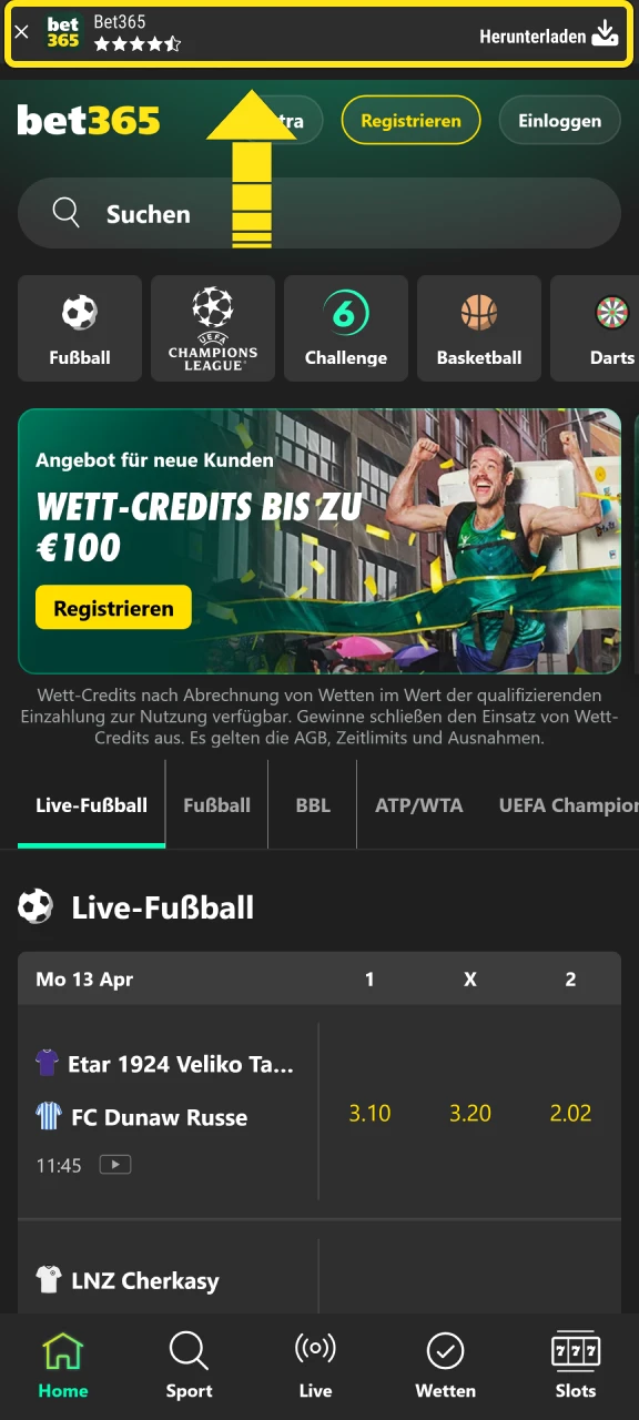 Lade die Bet365 App für dein Smartphone herunter um die Registrierung vorzubereiten.