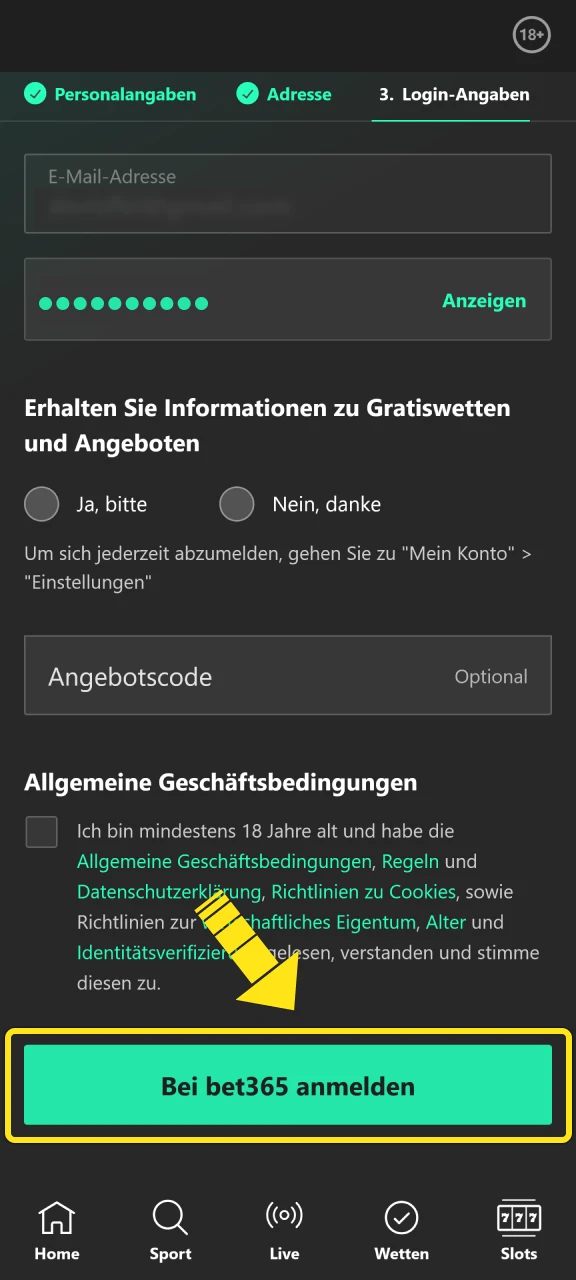 Fülle das mobile Formular aus um deine Registrierung bei Bet365 abzuschließen.