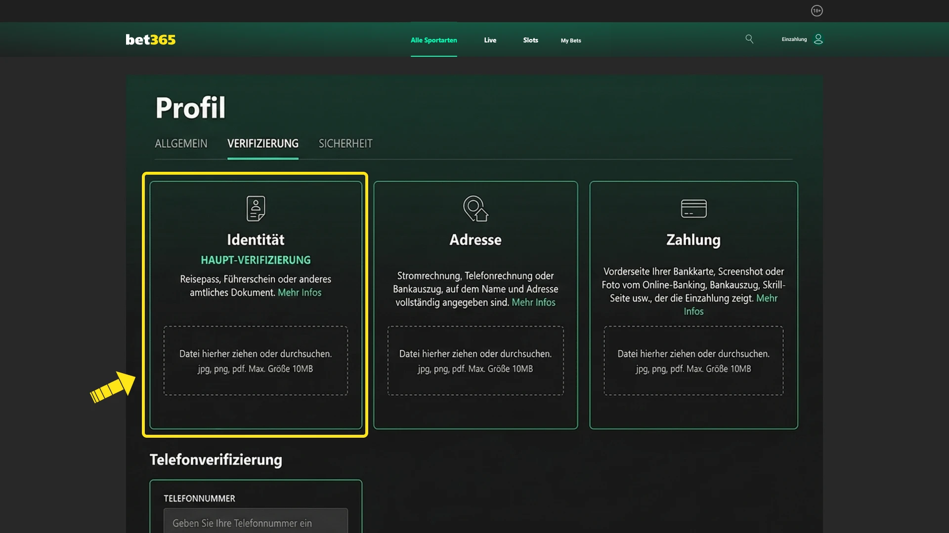 Lade deinen Ausweis für die Bet365 Kontoverifizierung hoch und schließe die Identitätsprüfung ab.