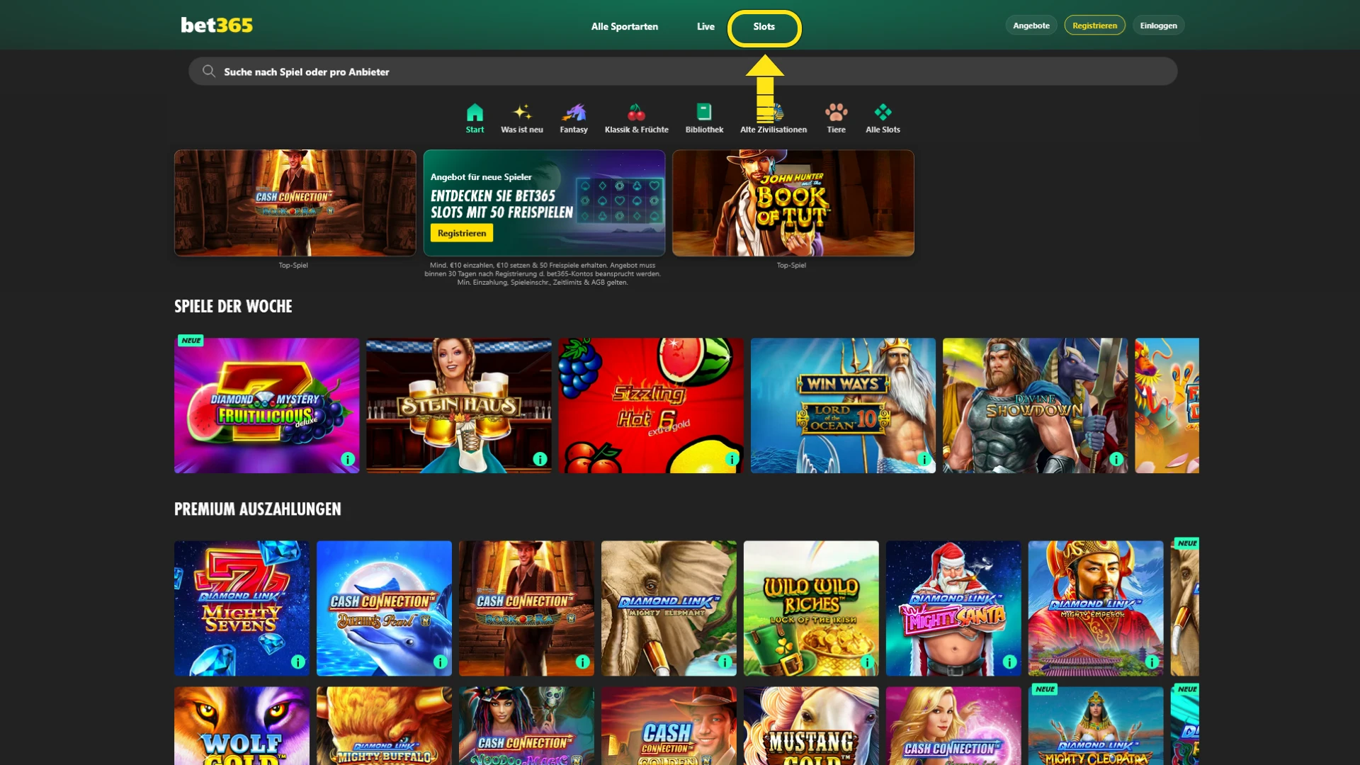 Wähle dein liebstes Slot Games Design im Bet365 Casino aus.