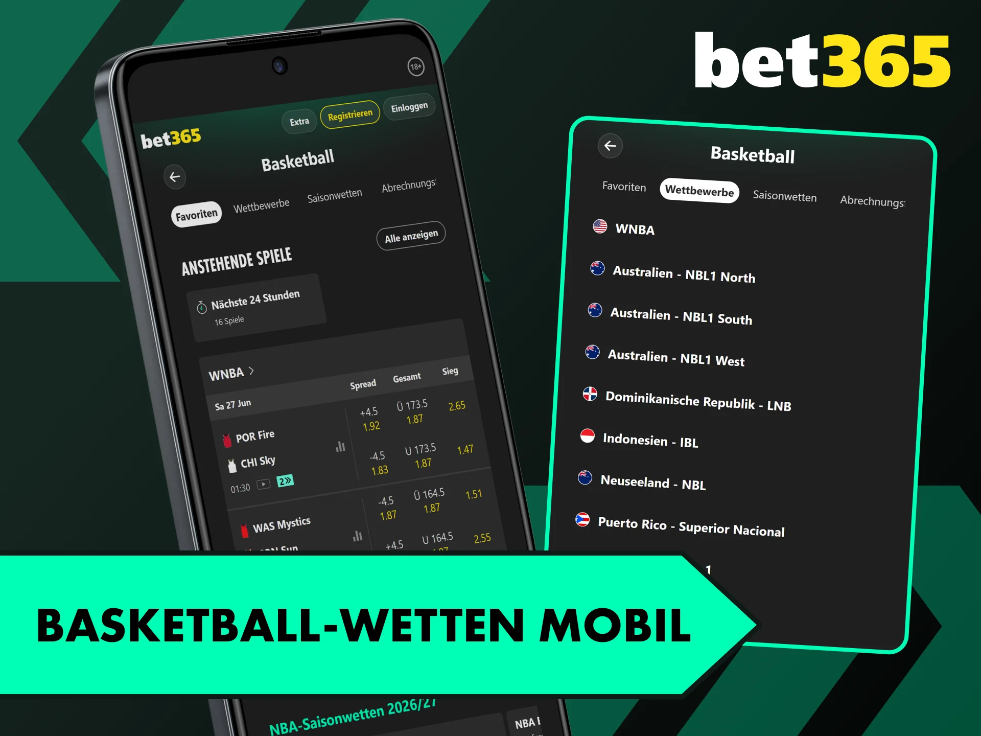 Nutze die Bet365 App für deine Basketball-Wetten von unterwegs.