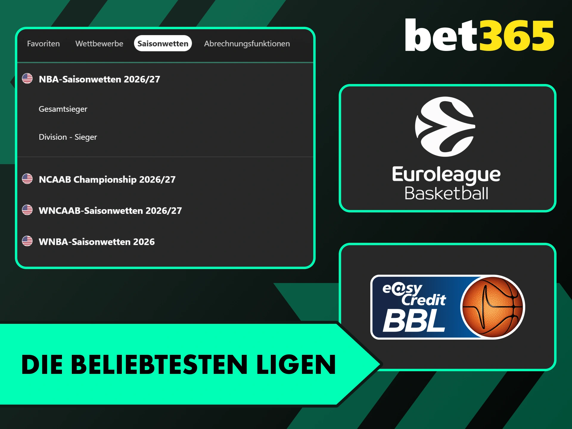 Platziere deine Tipps auf die beliebtesten Basketball-Ligen bei Bet365.