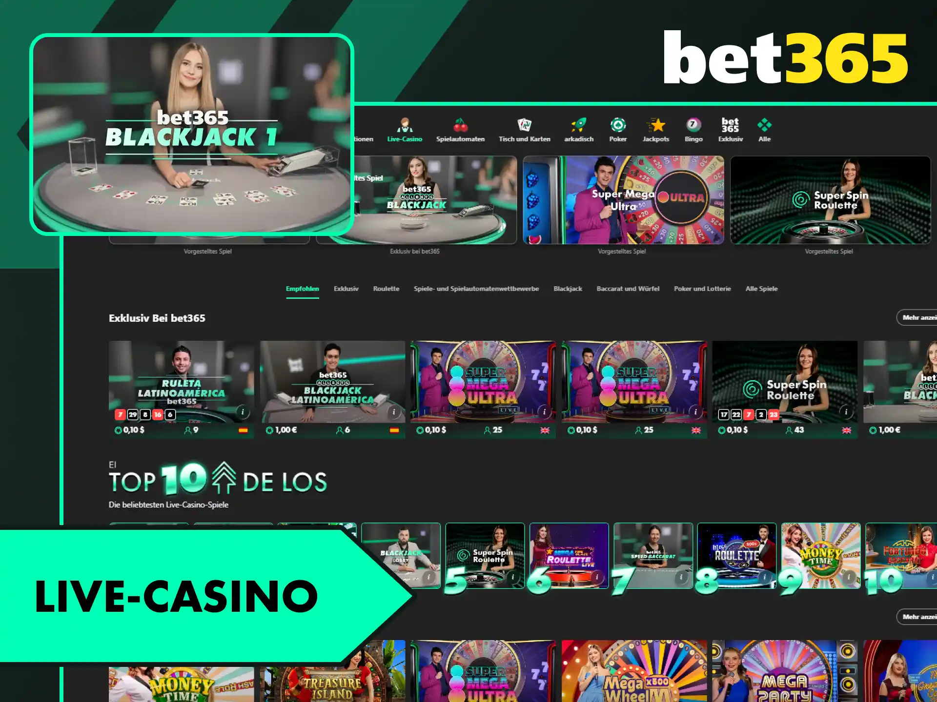 Erlebe echte Casino-Atmosphäre bei den Live-Spielen im Bet365 Official Online-Casino.