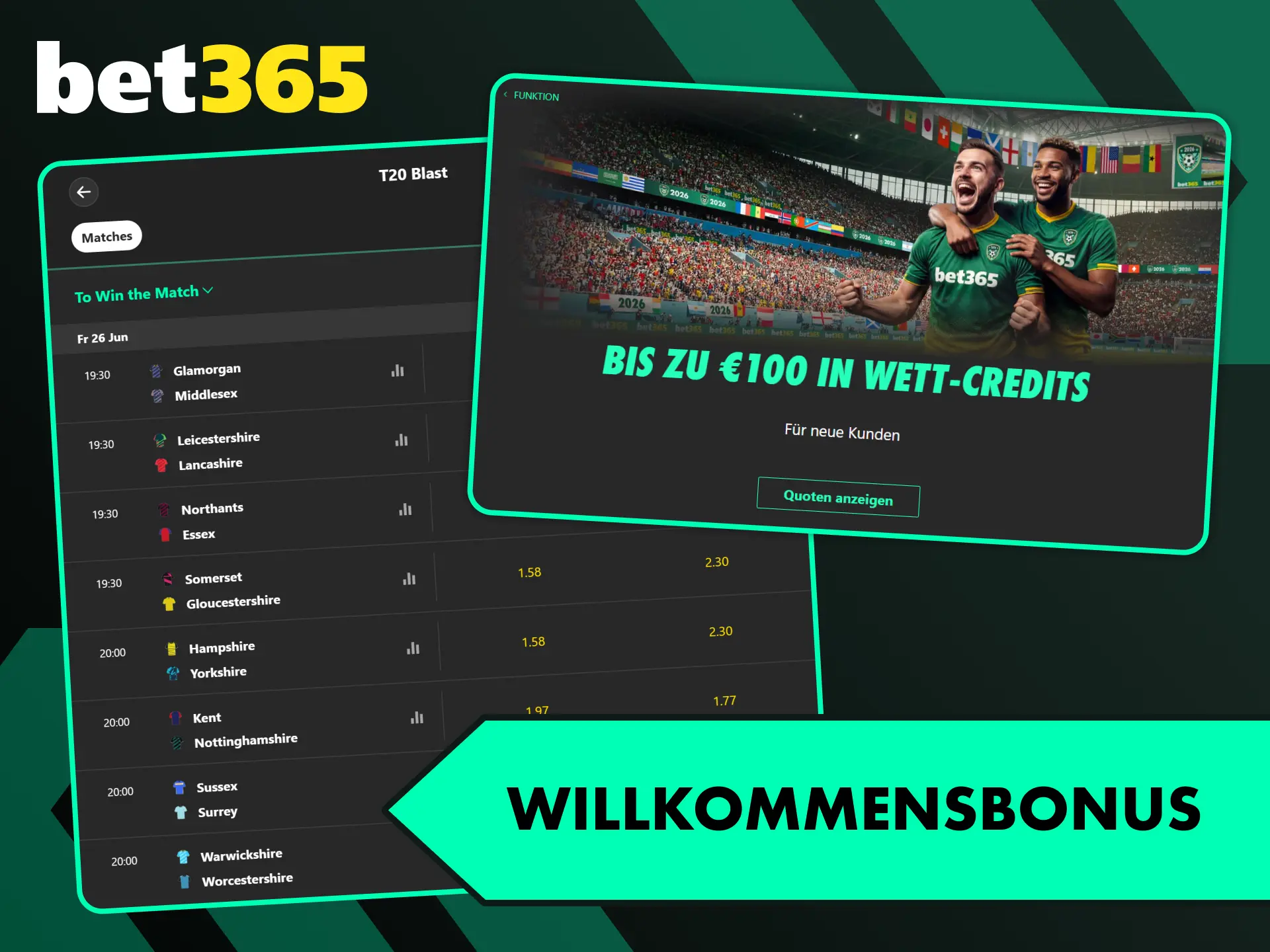 Aktiviere den attraktiven Willkommensbonus für deine nächsten Cricket Wetten bei Bet365.
