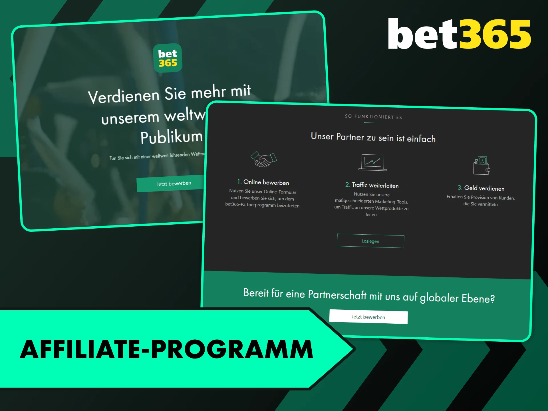 Melden Sie sich an und verdienen Sie Provisionen im Bet365 Affiliate-Programm.