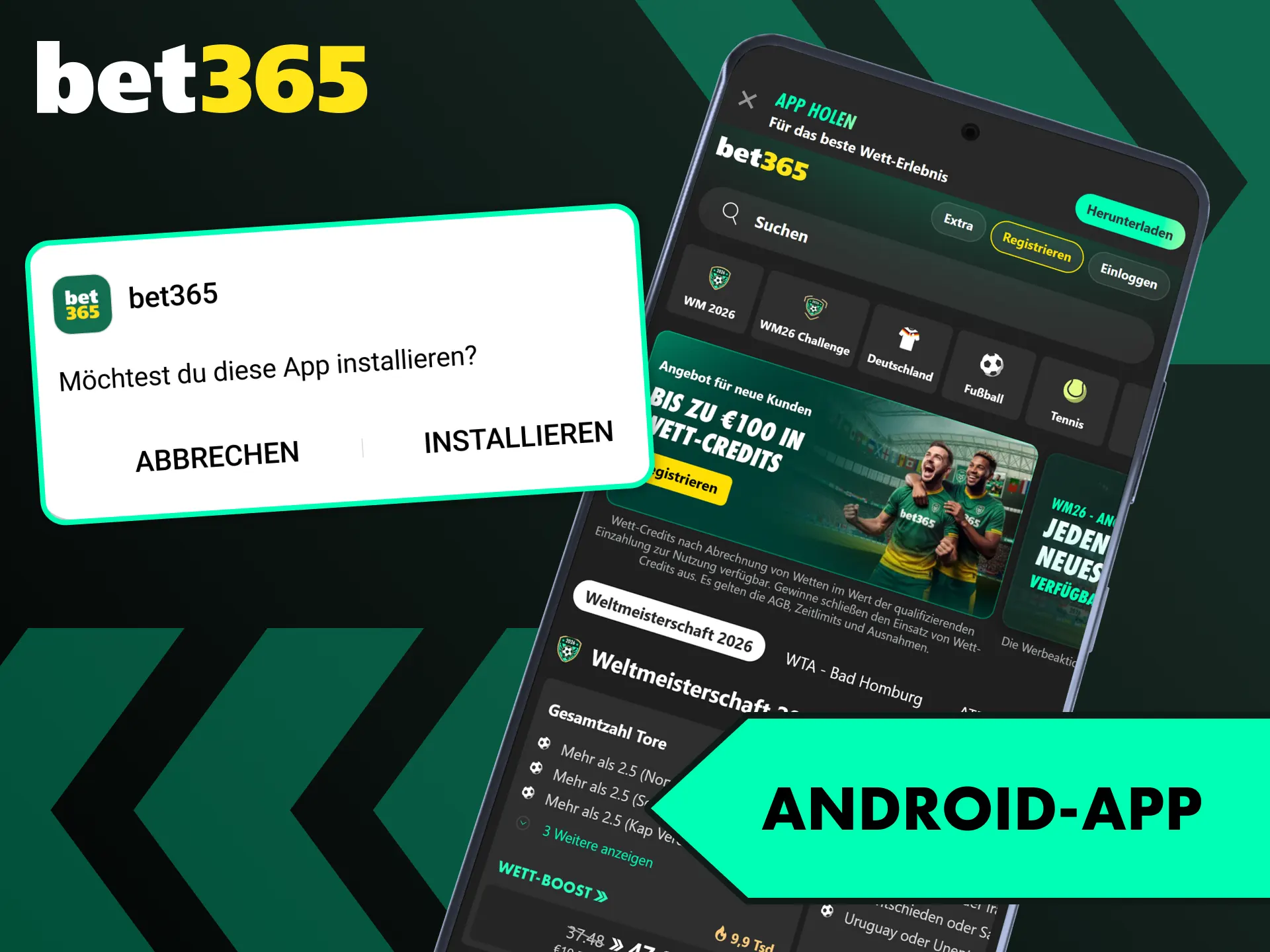 Laden Sie die moderne Android-App für mobile Bet365 Wetten herunter.