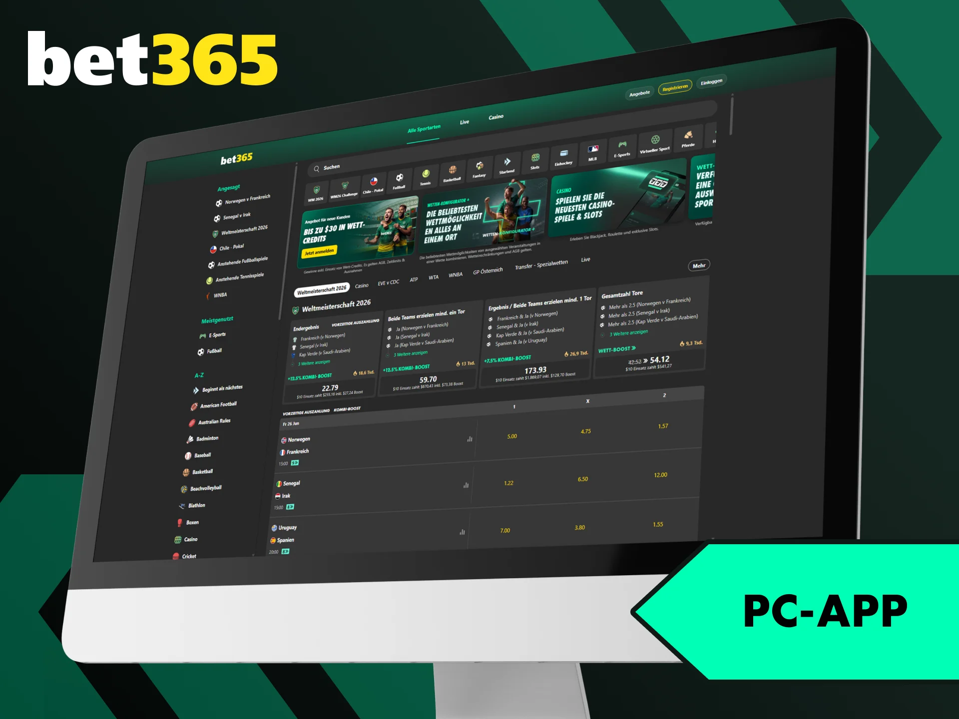 Nutzen Sie die komfortable PC-App für das Bet365 Wettprogramm.
