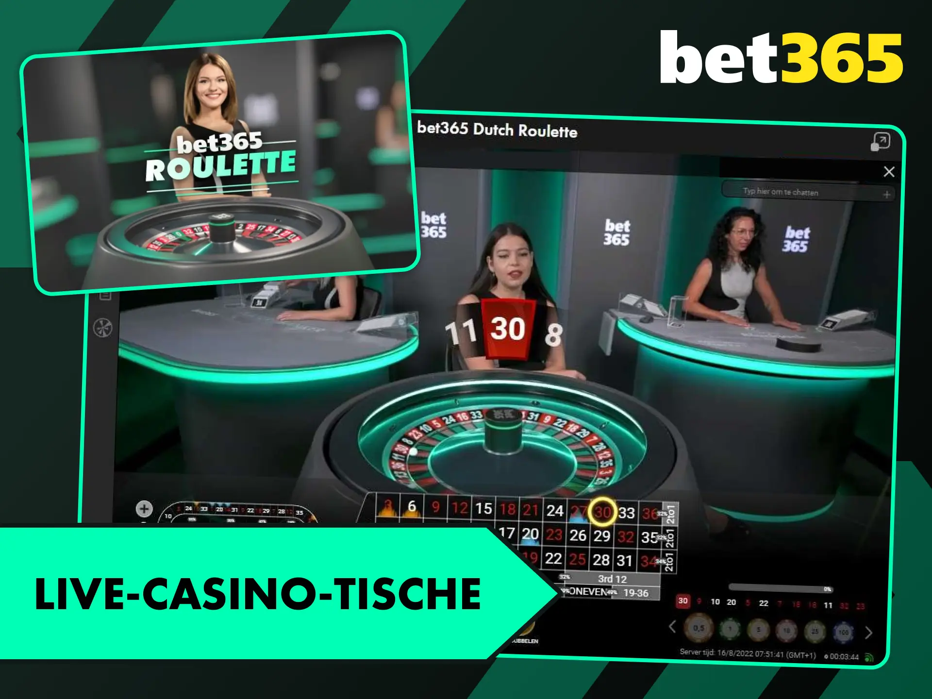 Spielen Sie an den exklusiven Live-Casino-Tischen von Bet365 Deutschland.