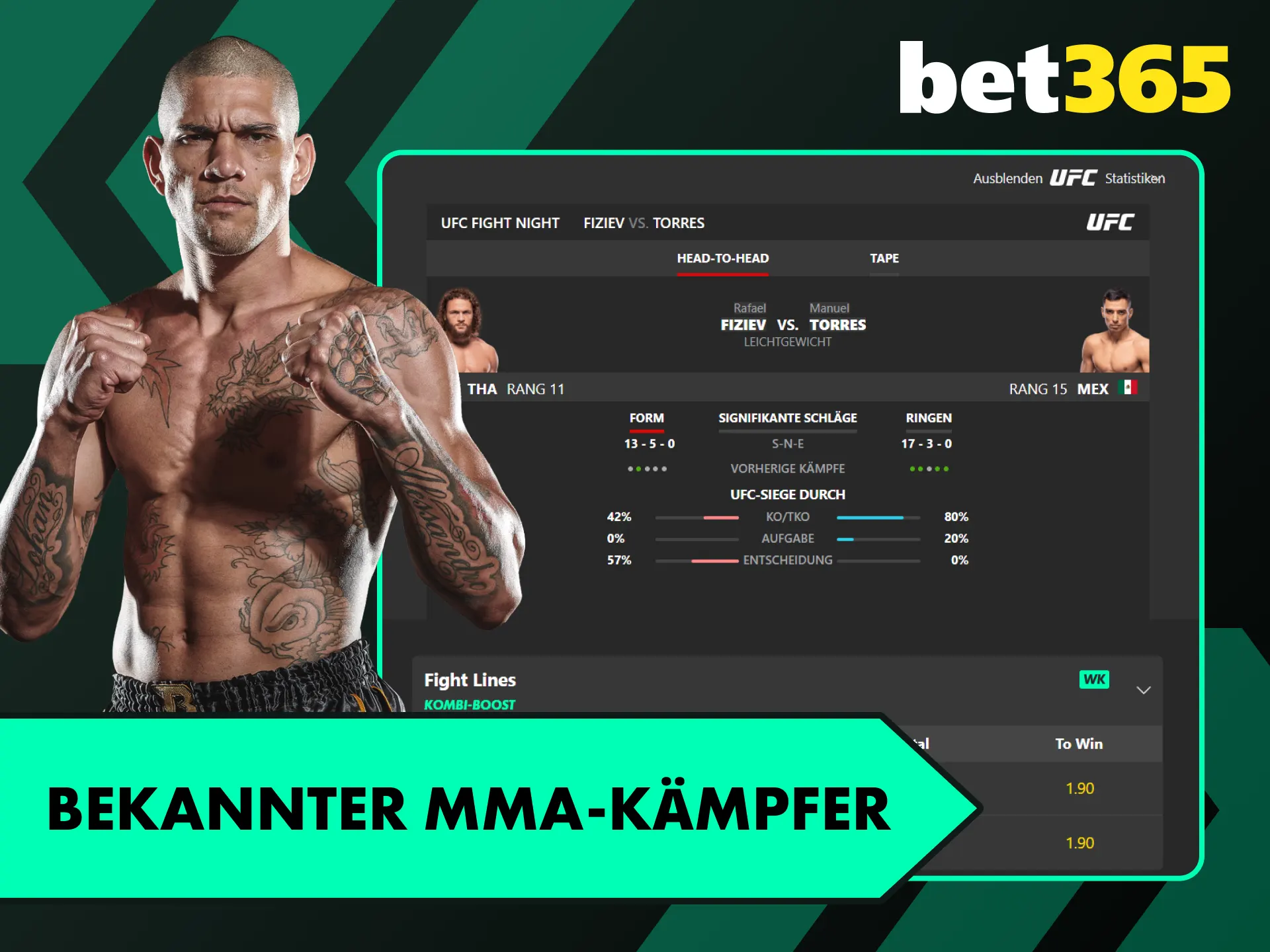 Platziere profitable Wetten auf weltbekannte MMA Kämpfer bei Bet365 Official.