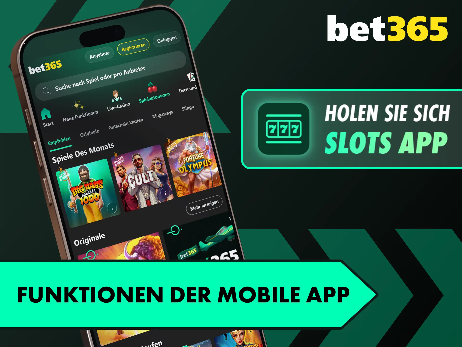 Nutze alle Funktionen der mobilen App für erstklassige Bet365 Slots.