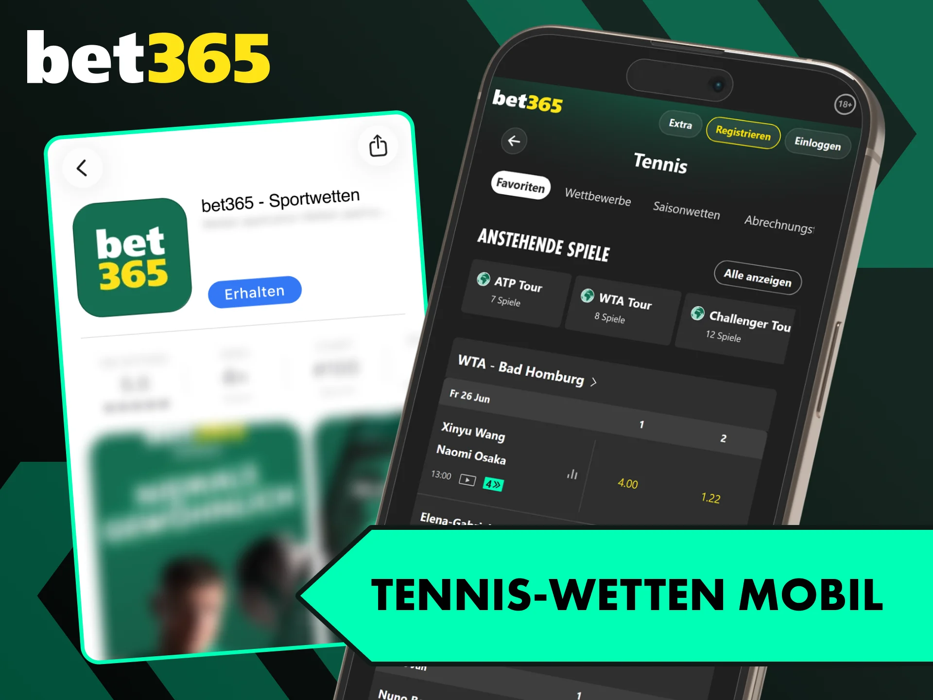Erlebe mobile Tennis-Wetten direkt in der offiziellen Bet365 App.