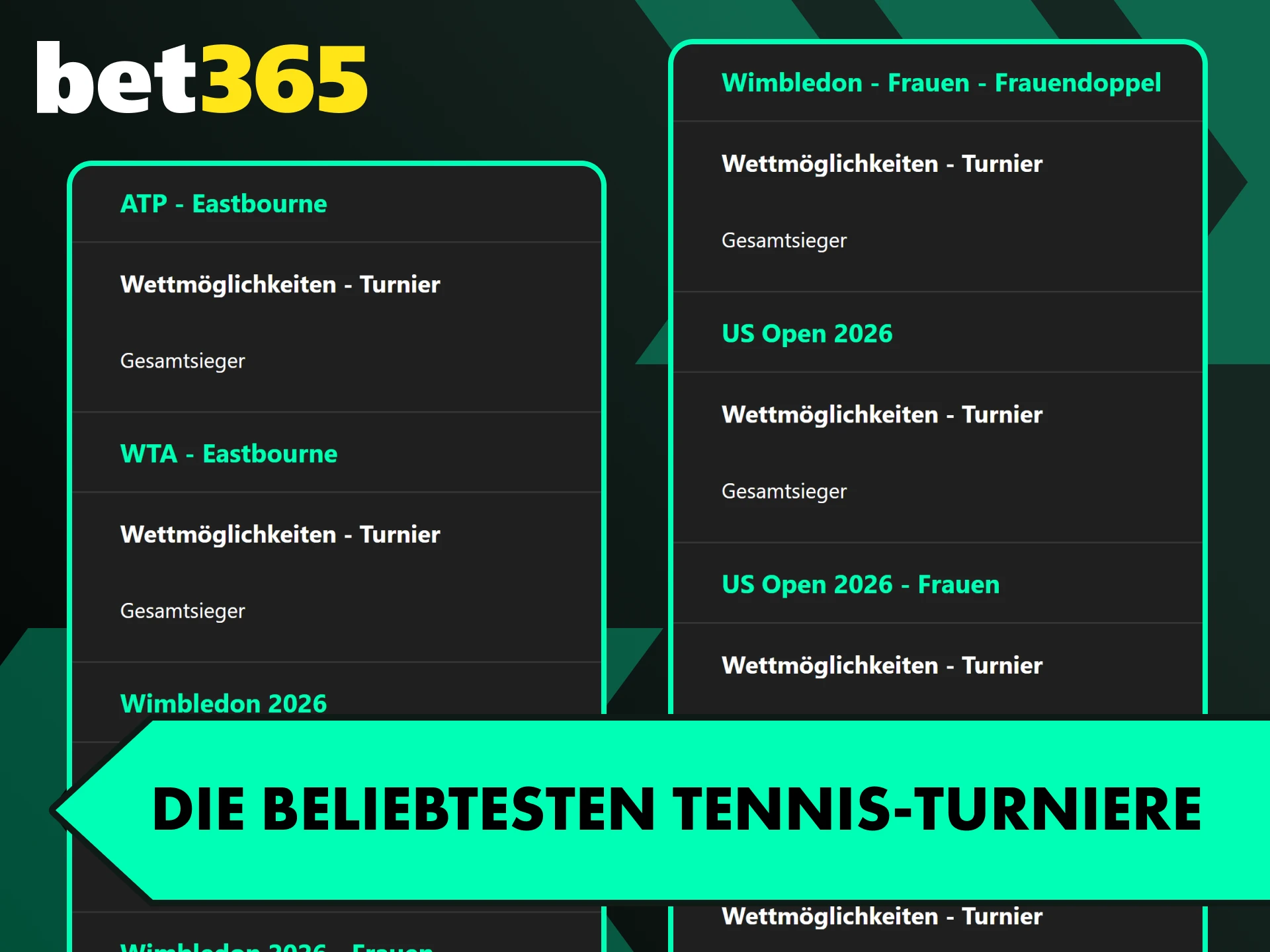 Setze auf die spannendsten Tennis-Turniere weltweit mit Bet365 Deutschland.